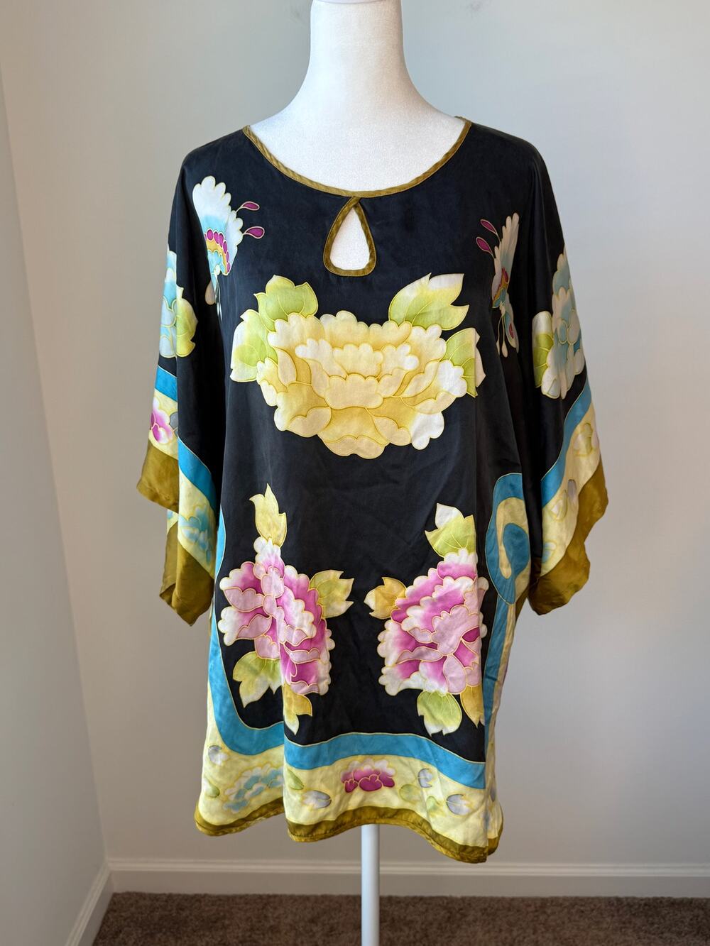 Budifine Silk Floral Kimono Tunic Batwing Doman Top